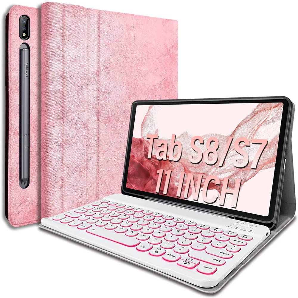 Backlit Keyboard Case for Samsung Galaxy Tab S8 2022/Tab S7 2020 11 inch(Model SM-X700/X706/T870/ T875/T876),Wineecy 7 Colors Light Detachable Wireless Keyboard & PU Folio Stand Pen Holder Cover, Pink