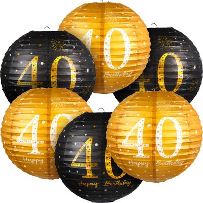 Blulu 6 Pcs Birthday Party Decorations Hanging Paper Lanterns Black Gold Glittery Anniversary Sign Decorations for Men Women Teen Birthday Party Supplies