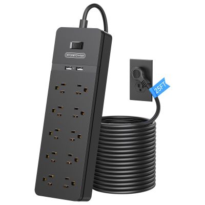 25 Ft Extension Cord ETL, NTONPOWER Power Strip with 10 AC Spaced Outlets 2 USB Ports, 1875W/15A Overload Protection, Wall Mountable for Indoor, Home, Office or Garage, Black