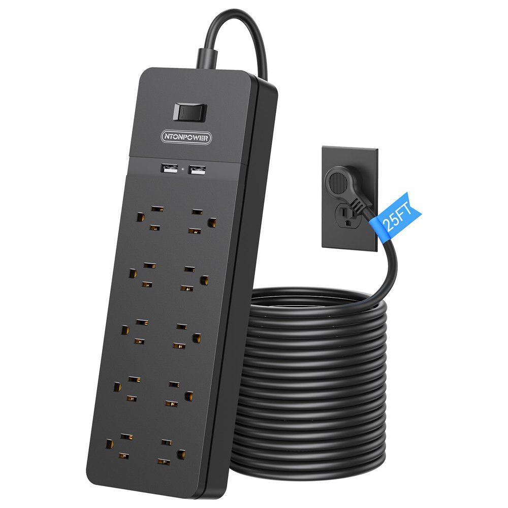 25 Ft Extension Cord ETL, NTONPOWER Power Strip with 10 AC Spaced Outlets 2 USB Ports, 1875W/15A Overload Protection, Wall Mountable for Indoor, Home, Office or Garage, Black