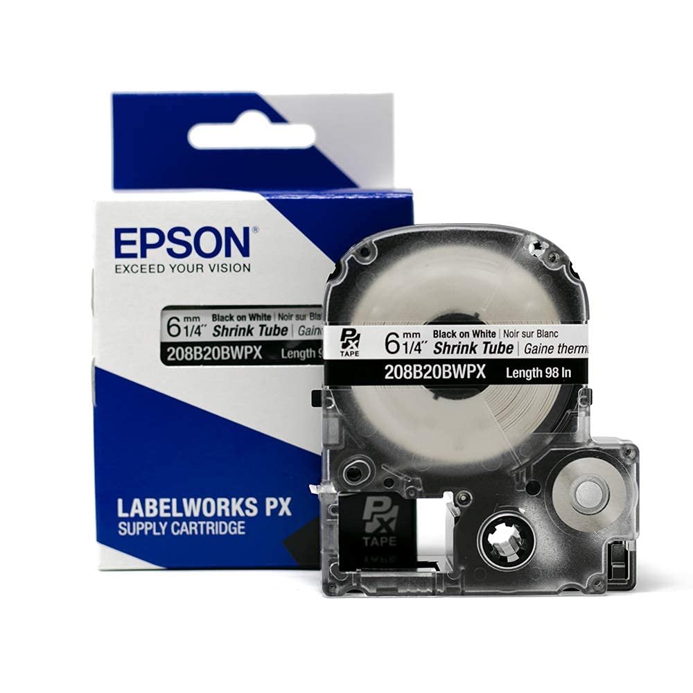 Epson LABELWORKS 208B20BWPX Genuine Tape Cartridge - Black on White Shrink Tube Industrial Label Maker Tape - AWG 6-18, 1/4" (6MM) Wide, 8 ft (98")