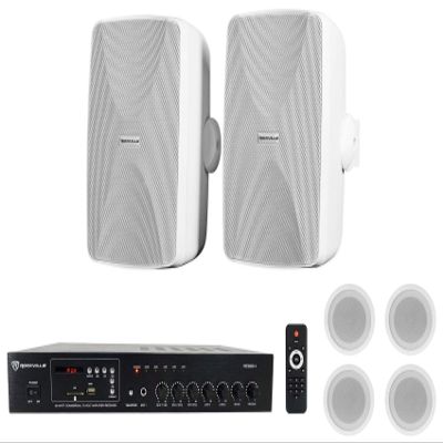 Rockville WET-7020W Bundle: Pair 5.25 in 70V Commercial Indoor/Outdoor Wall Speakers White, (4) CCL5T 5 in 70V Ceiling Speakers, RCS80-1 60 Watt Bluetooth Amplifier Receiver for Restaurant, 7-Items