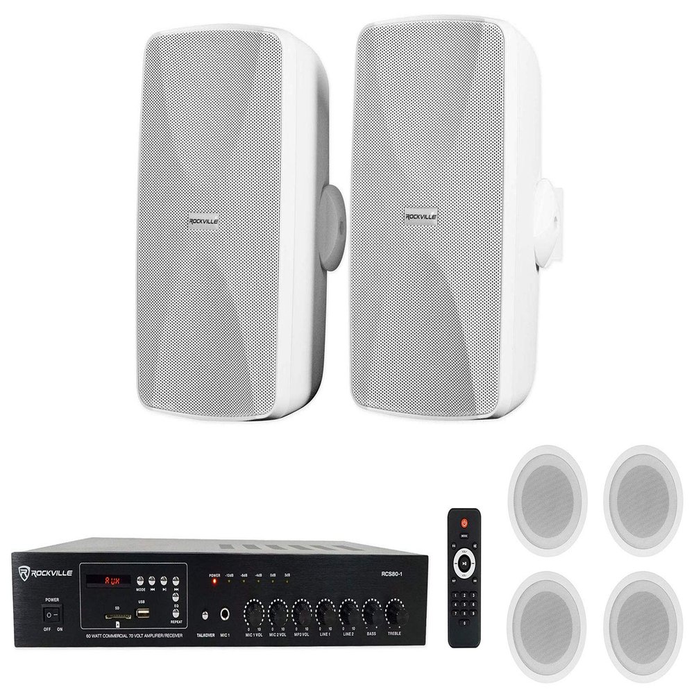 Rockville WET-7020W Bundle: Pair 5.25 in 70V Commercial Indoor/Outdoor Wall Speakers White, (4) CCL5T 5 in 70V Ceiling Speakers, RCS80-1 60 Watt Bluetooth Amplifier Receiver for Restaurant, 7-Items
