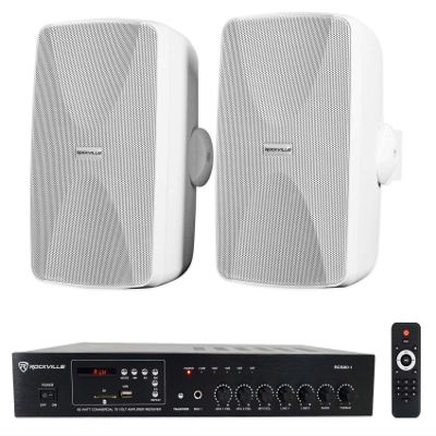 Rockville WET-7020W Bundle: (2) 5.25 in 70V Commercial Indoor/Outdoor Wall Speakers White, RCS80-1 60 Watt 70V Bluetooth Amplifier Receiver for Restaurant and Business Audio, 3-Items