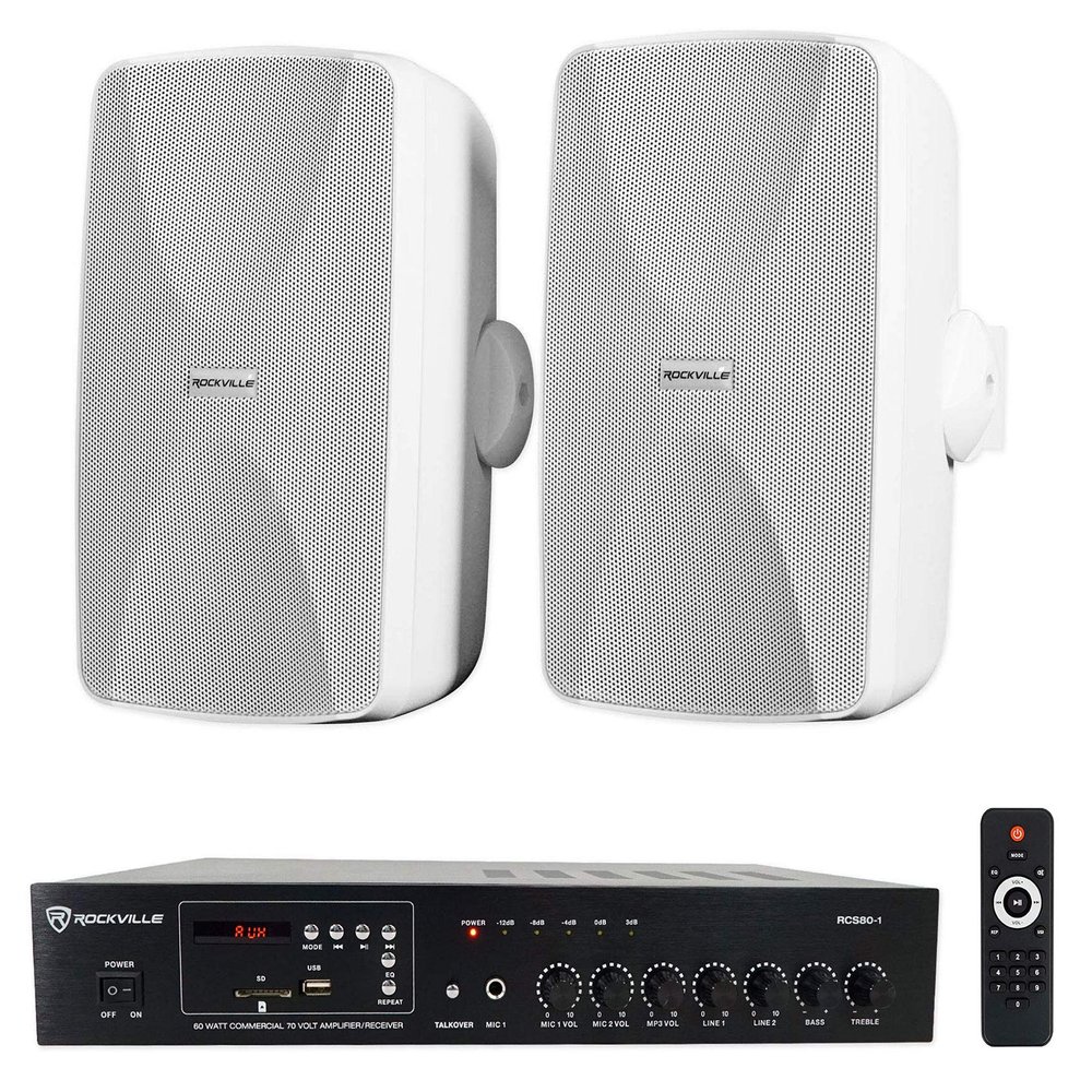 Rockville WET-7020W Bundle: (2) 5.25 in 70V Commercial Indoor/Outdoor Wall Speakers White, RCS80-1 60 Watt 70V Bluetooth Amplifier Receiver for Restaurant and Business Audio, 3-Items