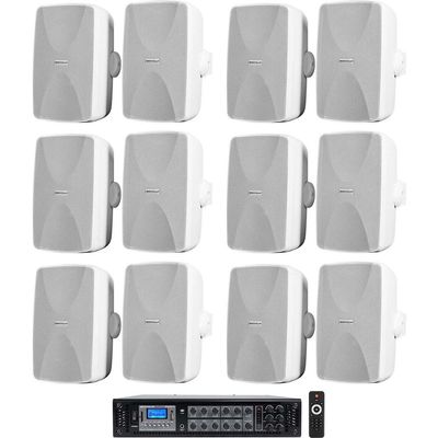 Rockville WET-7020W Bundle: (12) 5.25 in White 70V Indoor Outdoor Wall Speakers, RCS350-6 350-Watt 6-Zone 70V Amplifier with Bluetooth, for Restaurants, Cafes, and Offices, 13-Items