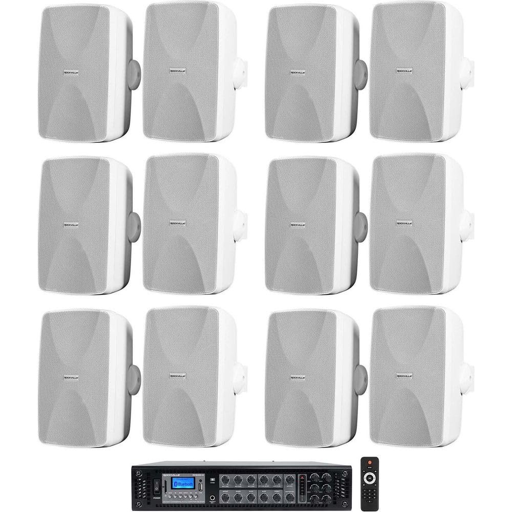 Rockville WET-7020W Bundle: (12) 5.25 in White 70V Indoor Outdoor Wall Speakers, RCS350-6 350-Watt 6-Zone 70V Amplifier with Bluetooth, for Restaurants, Cafes, and Offices, 13-Items
