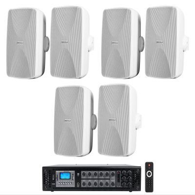 Rockville WET-7020W Bundle: (6) 5.25" 40W RMS 8-Ohm 70V Indoor/Outdoor Wall Speakers, White Finish, RCS180-6 184-Watt 6-Zone Bluetooth Amplifier Receiver, for Restaurants Offices Cafes Bars, 7-Items