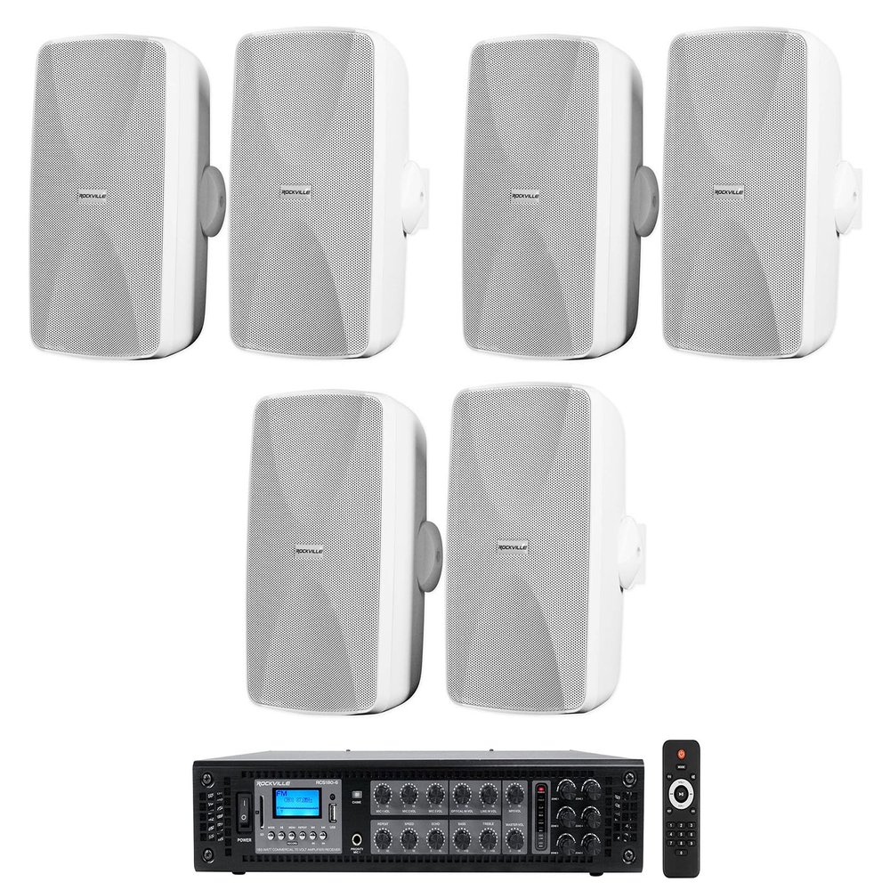 Rockville WET-7020W Bundle: (6) 5.25" 40W RMS 8-Ohm 70V Indoor/Outdoor Wall Speakers, White Finish, RCS180-6 184-Watt 6-Zone Bluetooth Amplifier Receiver, for Restaurants Offices Cafes Bars, 7-Items