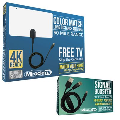 Miracle LED Amplified Color Match HD Digital TV Antenna Long 50+ Miles Range - Support 4K 1080p and All Older TV's Indoor Amplifier & Signal Booster - 5ft Coax HDTV Cable