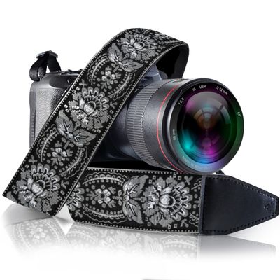 Art Tribute Camera Strap, Vintage Embroidered Neck Shoulder & Crossbody Camera Strap for DSLR Mirrorless Cameras, Fits Canon Nikon Sony Fujifilm, Quick Release, Photographer Gift, Silver Black