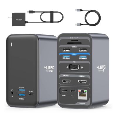 4URPC USB C Docking Station Dual Monitor, Dual HDMI USB C Dock, Laptop Docking Station with 2 HDMI Ports, VGA, 7 USB, 65W Power Adapter, Ethernet, SD/TF, Audio/Mic for Windows, and ChromeOS