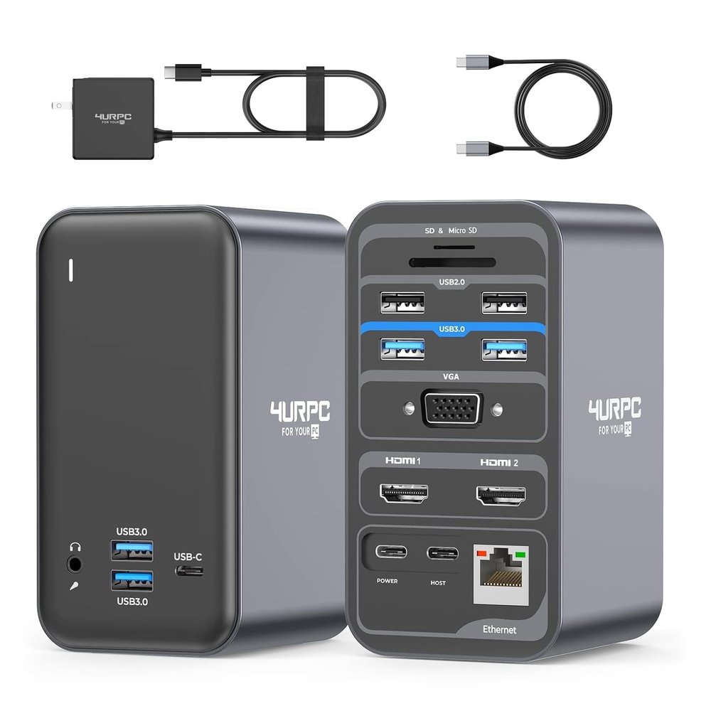 4URPC USB C Docking Station Dual Monitor, Dual HDMI USB C Dock, Laptop Docking Station with 2 HDMI Ports, VGA, 7 USB, 65W Power Adapter, Ethernet, SD/TF, Audio/Mic for Windows, and ChromeOS