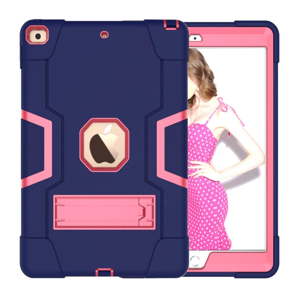Case for iPad 10.2 inch 2020/2019, Slim Heavy Duty Rugged Full-Body Hybrid Shockproof Drop Protection Cover with Kickstand for iPad 8th Generation/iPad 7th Generation (Navy Blue+Rosered)