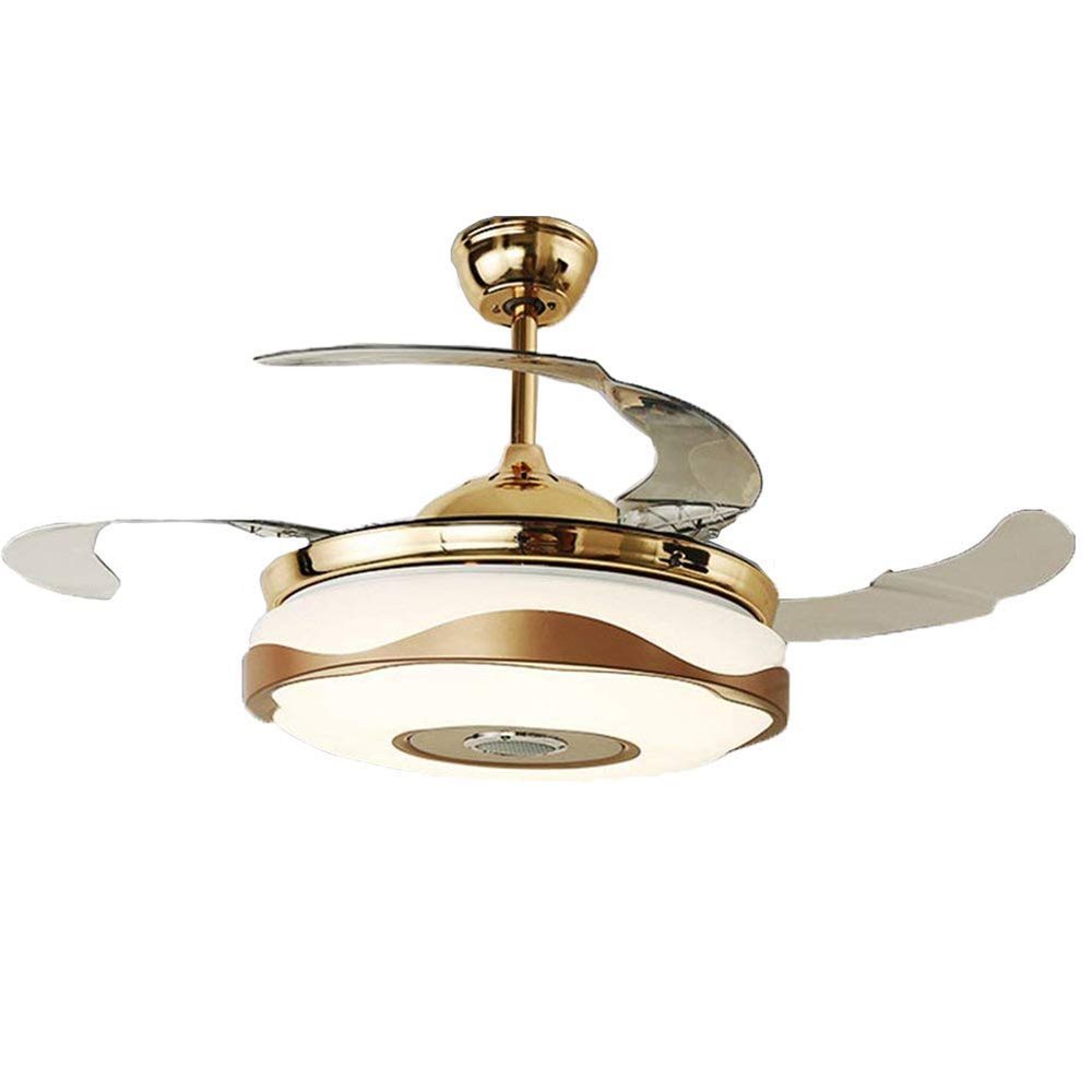 Bluetooth Ceiling Fan with Lights and Speaker, 36 inch Gold Ceiling Fan 7 Color Changing LED Invisible Retractable Fan with Remote Control 40W Chandelier Fans for Bedroom