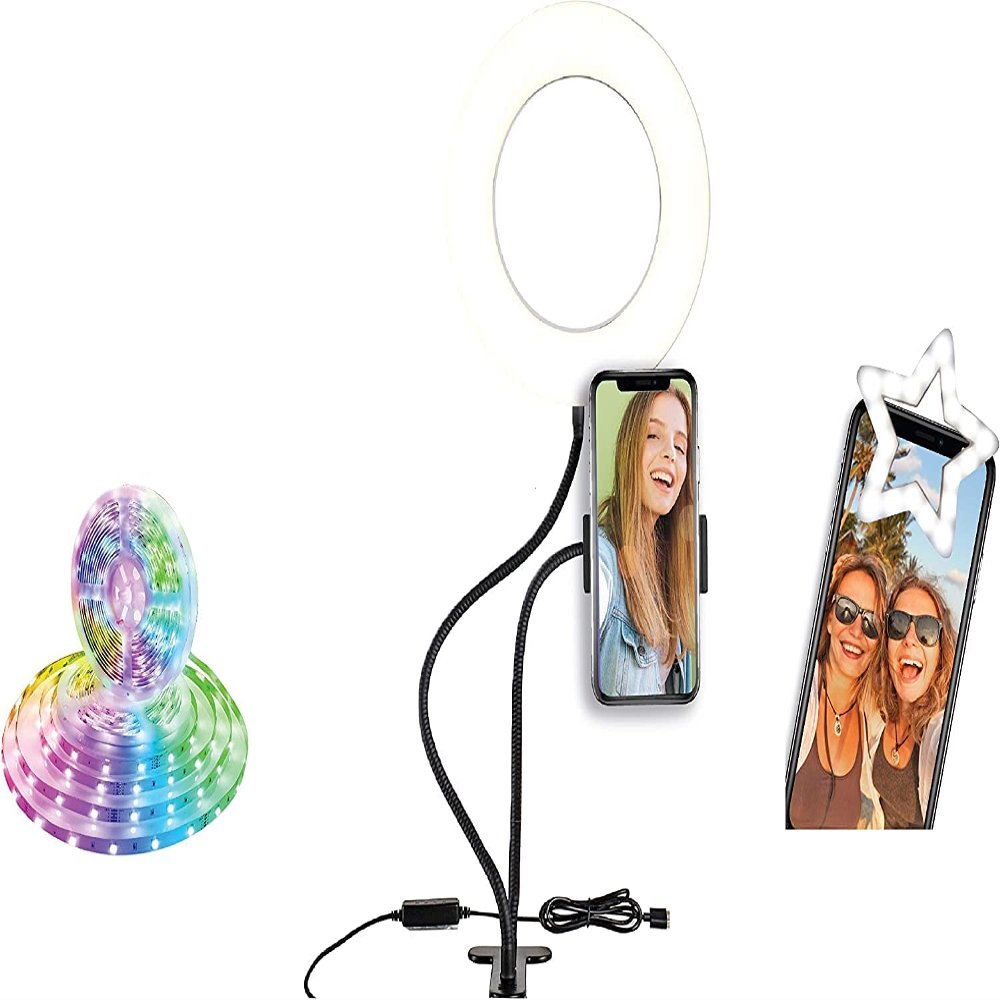 Social Media Video Recording Kit - Heavy Duty Phone Holder and Ring Light Stand, 6ft LED Multi Color RGB Light Strip, Clip on Phone Selfie Light