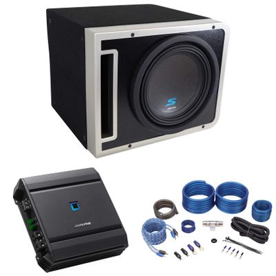 Alpine S-SB10V Loaded 10" 600w S-W10D4 Sub Enclosure Box Bundle with ALPINE S-A60M 600 Watt RMS Mono Car Audio Amplifier Subwoofer Amp Class-D and Rockville RWK41 4 Gauge Car Amp Wiring Kit (3 Items)