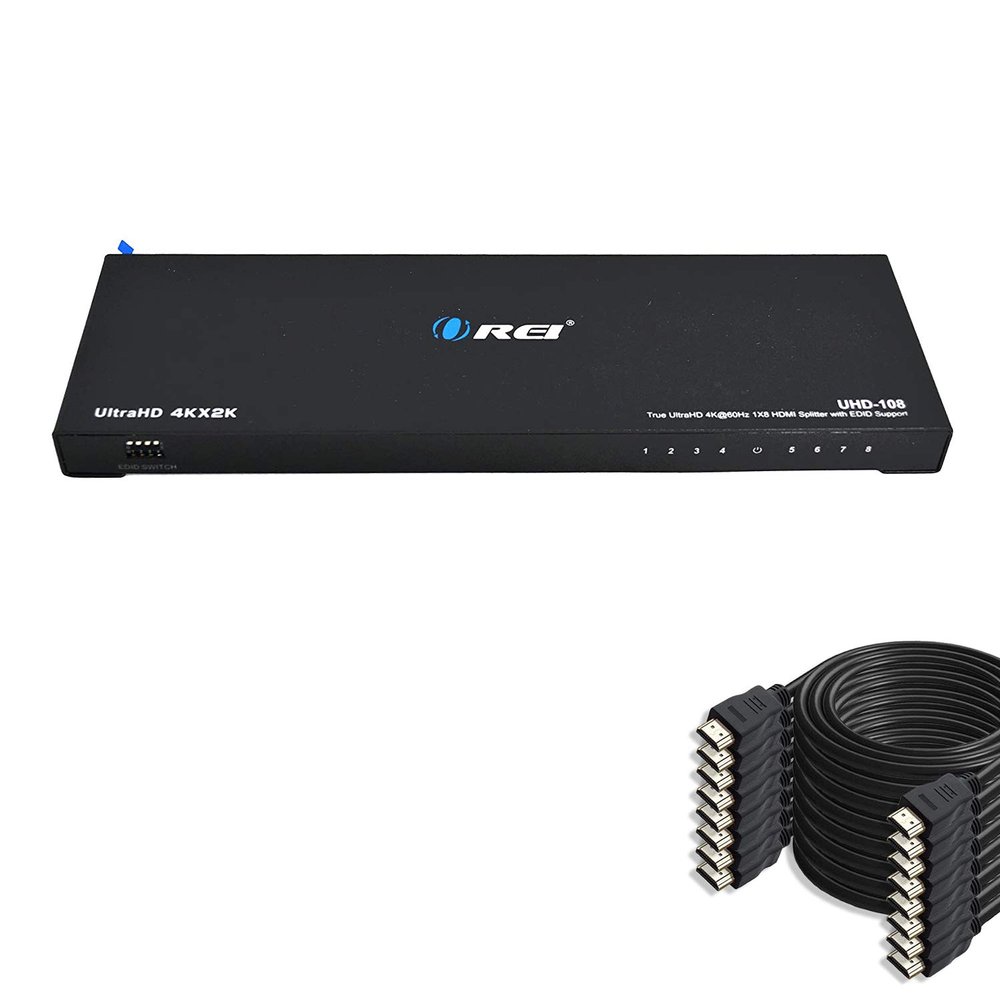OREI 1x8 2.0 8 Ports HDMI Splitter with 8-Pack 6ft HDMI Cable Full Ultra HDCP 2.2, 4K at 60Hz & 3D Supports EDID Control