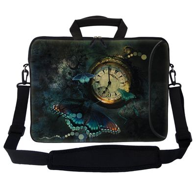 14 Inch Neoprene Laptop Bag Water Resistant, Adjustable Shoulder Strap, Extra Side Pocket, Fits 14 to 14.4 Inch Laptops - Clock Butterfly
