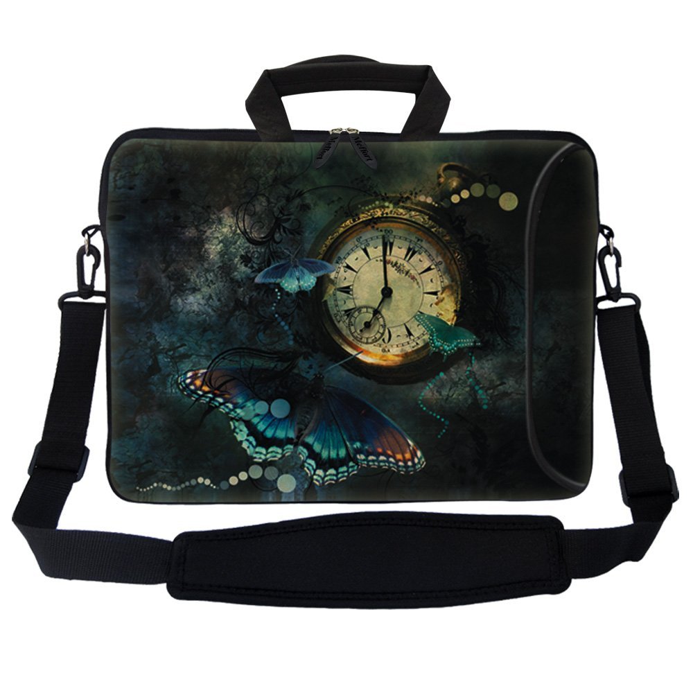 14 Inch Neoprene Laptop Bag Water Resistant, Adjustable Shoulder Strap, Extra Side Pocket, Fits 14 to 14.4 Inch Laptops - Clock Butterfly