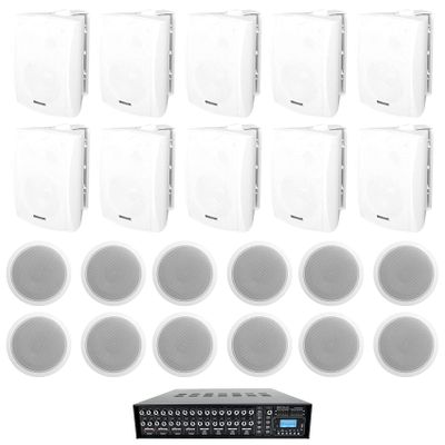Rockville Restaurant Multi Room Audio System (10) 6.5" White Wall+12 6" Ceiling Speakers
