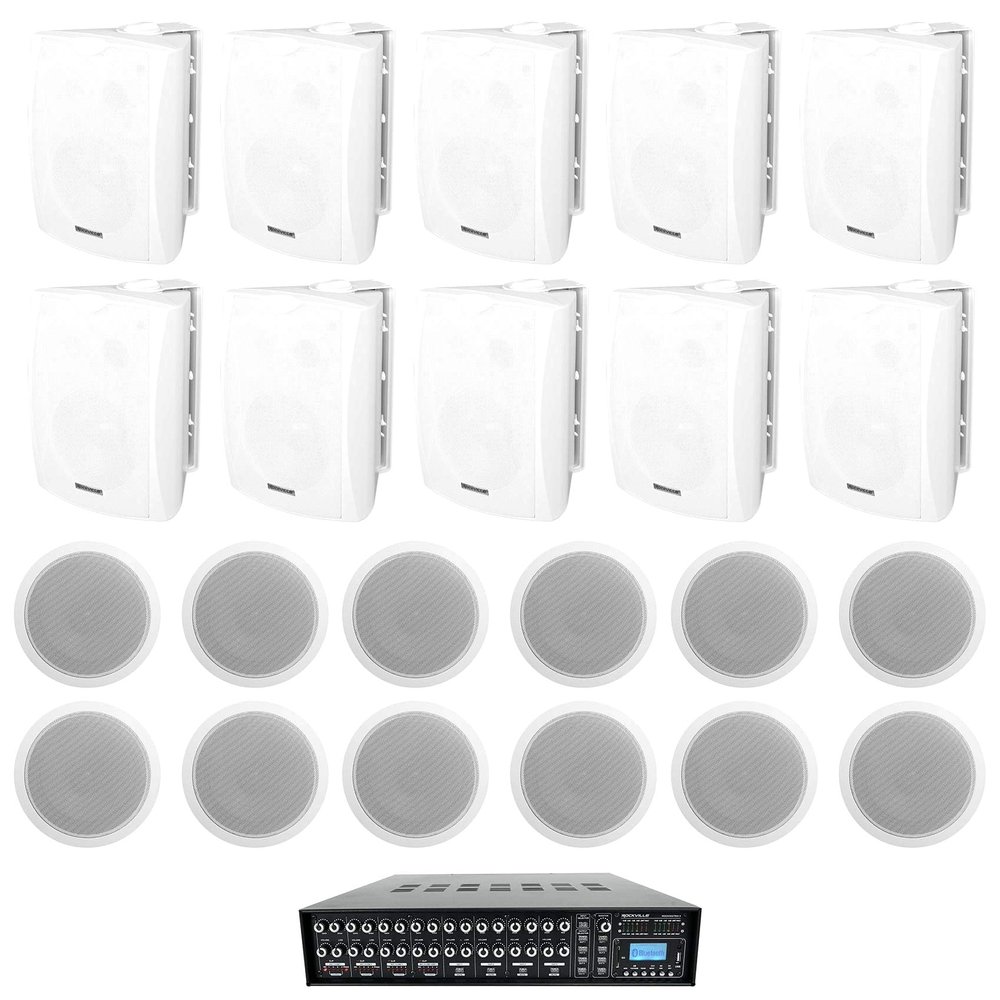 Rockville Restaurant Multi Room Audio System (10) 6.5" White Wall+12 6" Ceiling Speakers