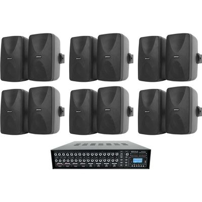 Rockville Rock Matrix 4 Bundle: 4-Zone 70V Commercial Amplifier w/Matrix Source Routing, (12) WET-7020B 5.25 in Black Indoor/Outdoor 70V Wall Speakers, for Restaurant, Office, Cafe, Bar, 13-Items