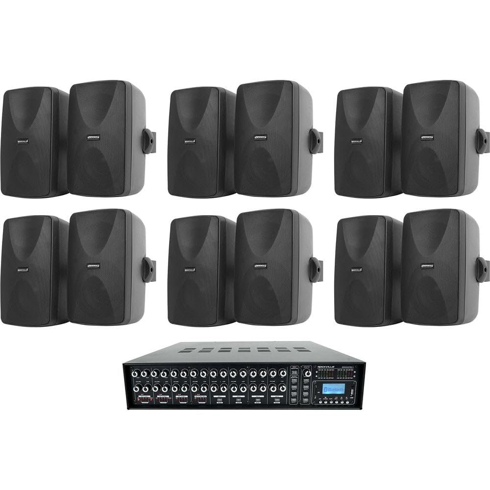 Rockville Rock Matrix 4 Bundle: 4-Zone 70V Commercial Amplifier w/Matrix Source Routing, (12) WET-7020B 5.25 in Black Indoor/Outdoor 70V Wall Speakers, for Restaurant, Office, Cafe, Bar, 13-Items