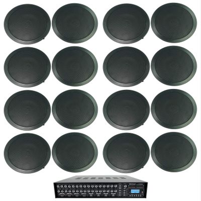 Rockville Rock Matrix 4 Bundle: 4-Zone 440W 70V Bluetooth Commercial Matrix Amplifier, (16) 6.5 in CC65T 2-Way Black Ceiling Speakers, Multi-Room Audio System for Restaurant, Office, 17-Items