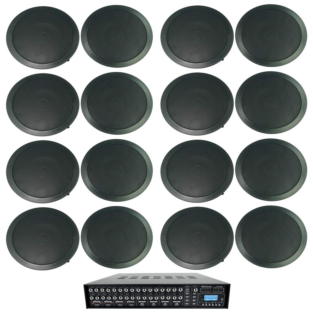 Rockville Rock Matrix 4 Bundle: 4-Zone 440W 70V Bluetooth Commercial Matrix Amplifier, (16) 6.5 in CC65T 2-Way Black Ceiling Speakers, Multi-Room Audio System for Restaurant, Office, 17-Items