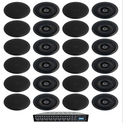 Rockville Rock Matrix 4 Bundle: 4-Zone 70V Commercial Matrix Amplifier with Source Routing and Bluetooth, (12) Pair CC525T Black 5.25 in in-Ceiling Speakers for Restaurant Audio, 13-Items