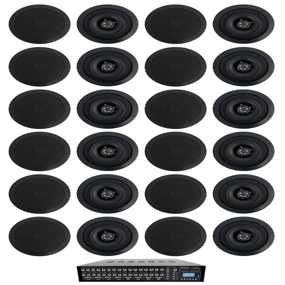 Rockville Rock Matrix 4 Bundle: 4-Zone 70V Commercial Matrix Amplifier with Source Routing and Bluetooth, (12) Pair CC525T Black 5.25 in in-Ceiling Speakers for Restaurant Audio, 13-Items