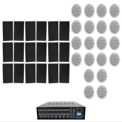 Rockville 4-Zone Matrix Amp+20 6" White Ceiling+18 Wall Speakers 4 Restaurant