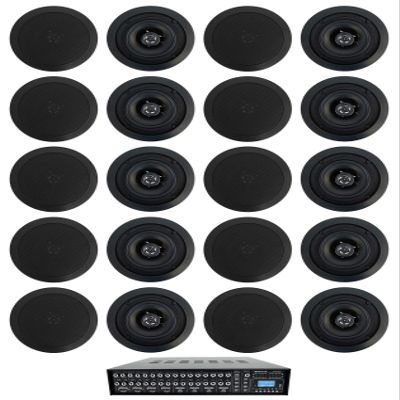 Rockville Rock Matrix 4 Bundle: 4-Zone 70V Commercial Matrix Amplifier with Source Routing and Bluetooth, (10) Pair CC525T Black 5.25 in in-Ceiling Speakers for Restaurant Audio, 11-Items