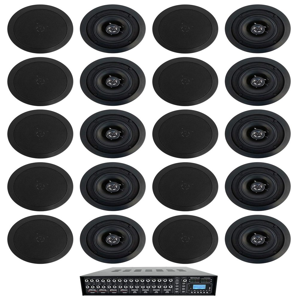Rockville Rock Matrix 4 Bundle: 4-Zone 70V Commercial Matrix Amplifier with Source Routing and Bluetooth, (10) Pair CC525T Black 5.25 in in-Ceiling Speakers for Restaurant Audio, 11-Items