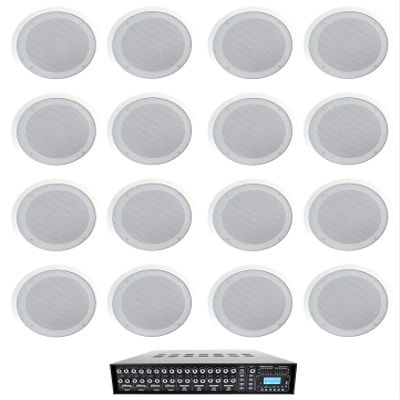Rockville CC80T Bundle: (16) 8 in White 70V Ceiling Speakers, 50W 8-Ohm Power Handling, Rock Matrix 4 Zone 70V Commercial Amplifier with Matrix Source Routing, for Restaurants and Bars, 17-Items