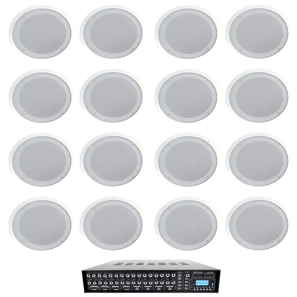 Rockville CC80T Bundle: (16) 8 in White 70V Ceiling Speakers, 50W 8-Ohm Power Handling, Rock Matrix 4 Zone 70V Commercial Amplifier with Matrix Source Routing, for Restaurants and Bars, 17-Items