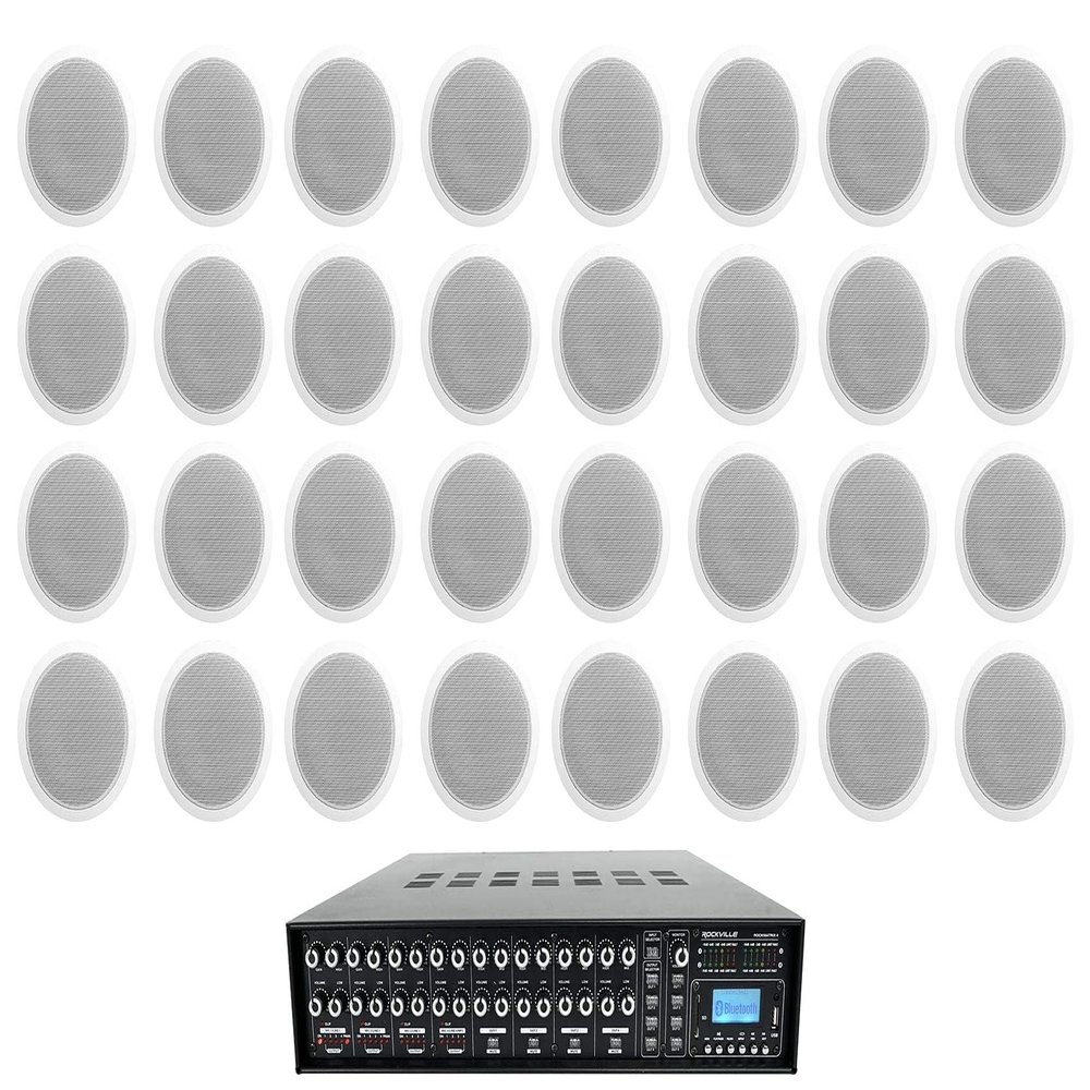 Rockville CCL6T Bundle: (32) 6 in White 70V Ceiling Speakers, Rock Matrix 4 Zone 70V Commercial Amplifier with Matrix Source Routing, 440W RMS, for Restaurants and Offices, 33-Items