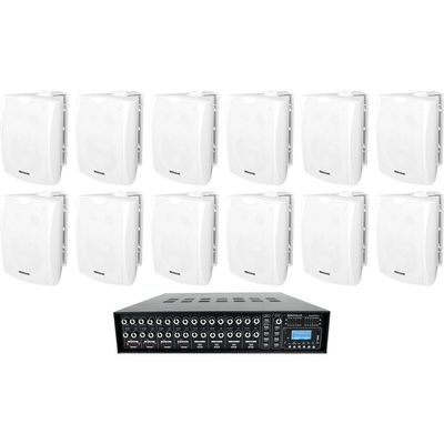 Rockville WET-6W Bundle: (12) 6.5" 70V IPX55 White Indoor/Outdoor Wall Speakers, Rock Matrix 4 Zone 70V Commercial Amplifier with Matrix Source Routing, for Restaurant/Bar, 13-Items