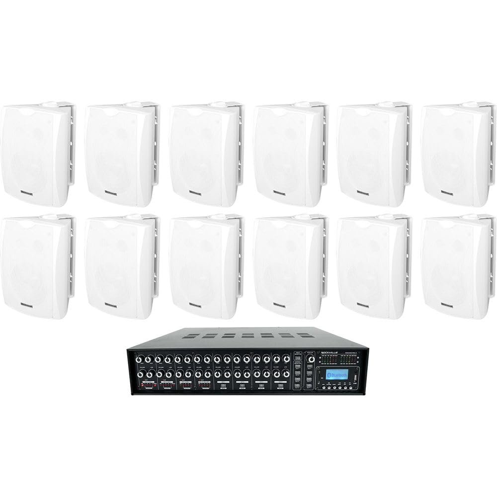 Rockville WET-6W Bundle: (12) 6.5" 70V IPX55 White Indoor/Outdoor Wall Speakers, Rock Matrix 4 Zone 70V Commercial Amplifier with Matrix Source Routing, for Restaurant/Bar, 13-Items