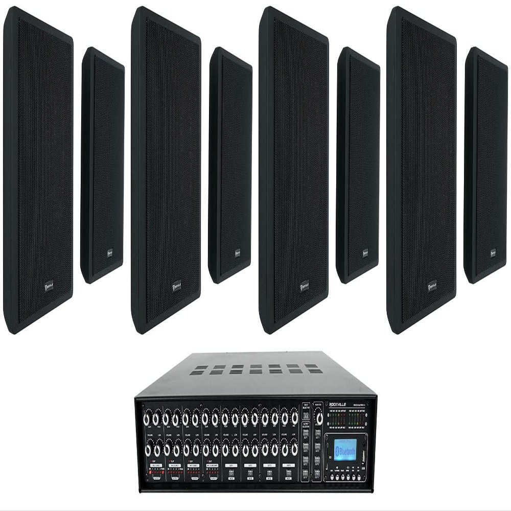 Rockville RockSlim Bundle: (8) 5.25 in 240-Watt Slim Wall Speakers Black, Rock Matrix 4 Zone 70V Commercial Amplifier with Matrix Source Routing, for Whole Home Audio, 9-Items