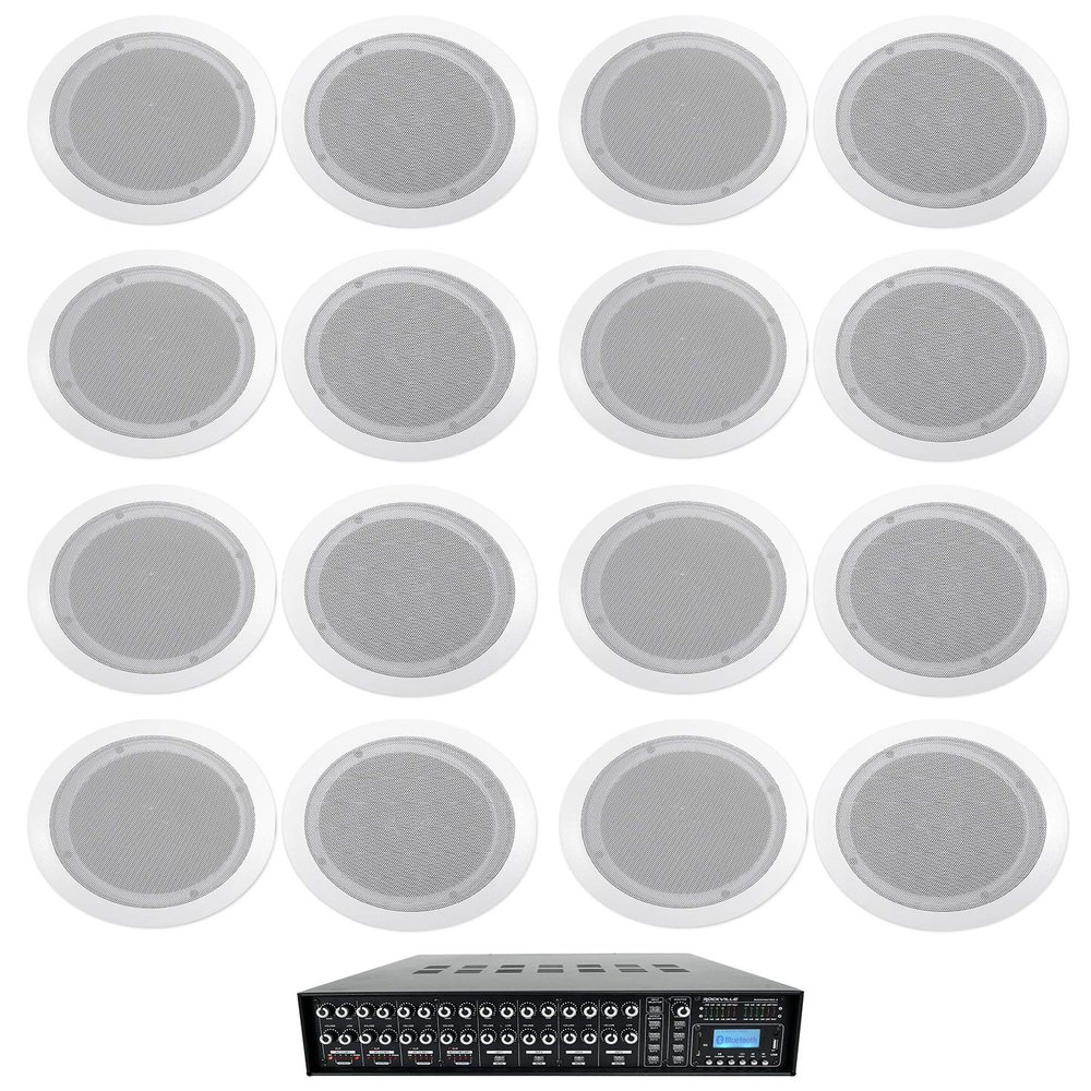Rockville CC65T Bundle: (16) 6.5 in White 70V Ceiling Speakers, Rock Matrix 4 Zone 70V Commercial Amplifier with Matrix Source Routing, for Restaurants, 17-Items