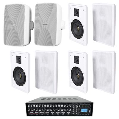Rockville RockSlim Bundle: (6) 5.25" 240W Peak/80W RMS Per Pair Slim Wall Speakers White, (2) WET-7020W 5.25" 70V Wall Speakers, Rock Matrix 4 Zone 70V Commercial Amplifier, 9-Items