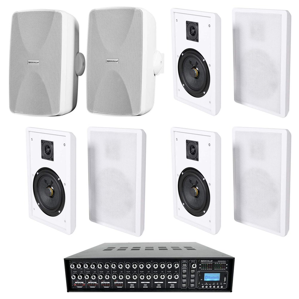 Rockville RockSlim Bundle: (6) 5.25" 240W Peak/80W RMS Per Pair Slim Wall Speakers White, (2) WET-7020W 5.25" 70V Wall Speakers, Rock Matrix 4 Zone 70V Commercial Amplifier, 9-Items