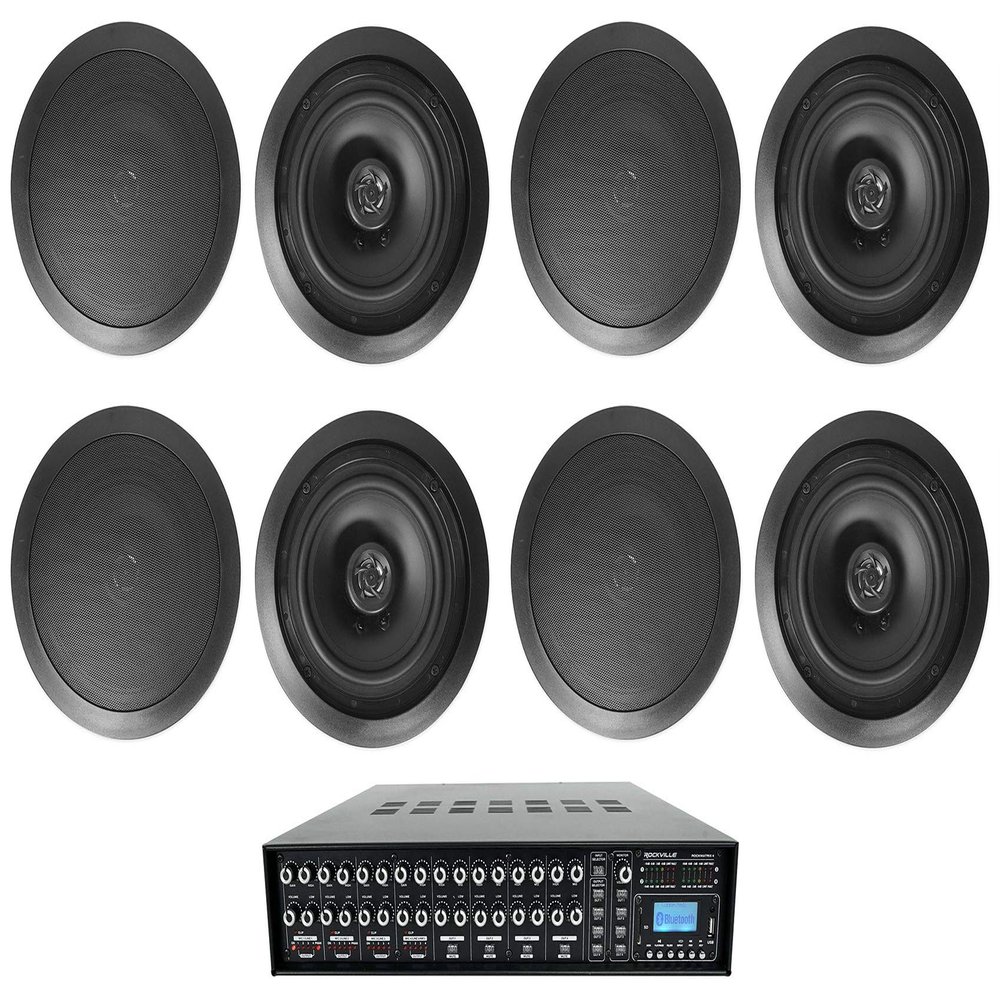 Rockville HC85 Bundle: (8) 8" 350W Peak / 120W RMS in-Ceiling Home Theater Speakers 8 Ohm, Rock Matrix 4 Zone 70V Commercial Amplifier with Matrix Source Routing, 9-Items