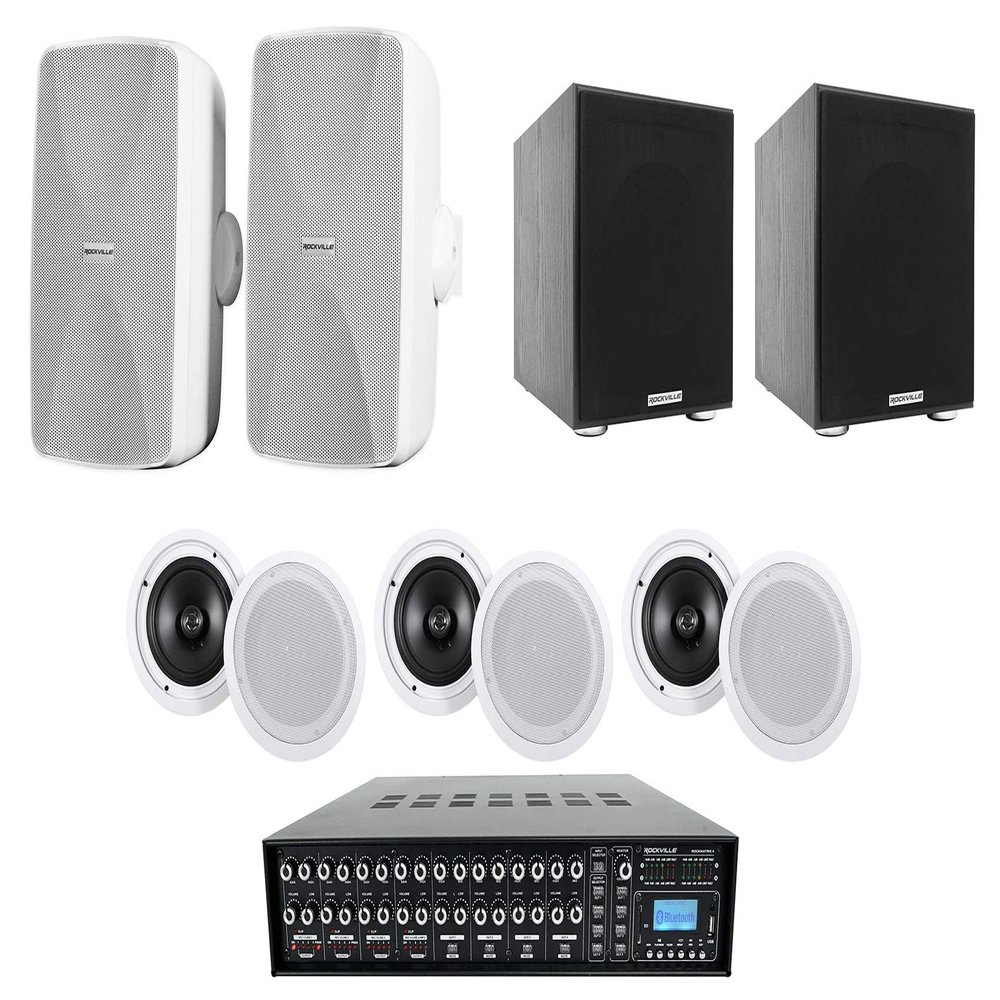 Rockville HC85 Bundle: (6) 8" 700W Peak in-Ceiling Home Theater Speakers, (2) WET-7020W 5.25" 70V Wall Speakers, (2) Rock Shaker 8 400-Watt Powered Subwoofers, Rock Matrix 70V Amplifier, 11-Items