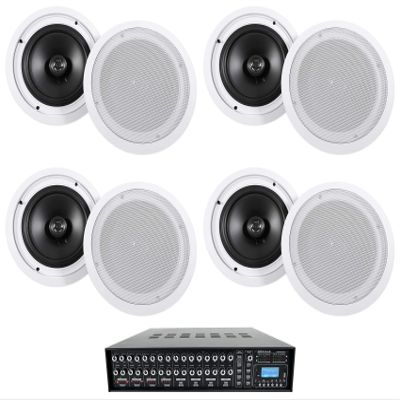 Rockville HC85 Bundle: (8) 8" 700W Peak / 240W RMS per Pair White Ceiling Home Theater Speakers 8 Ohm, Rock Matrix 4 Zone 70V Commercial Amplifier with Matrix Source Routing, 9-Items