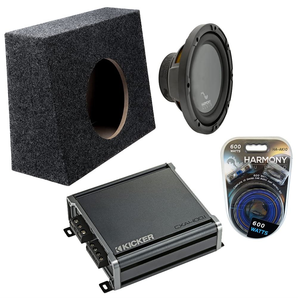 American Sound Connection 110TRUCK Single 10" Regular Standard Cab Truck Sub Box Enclosure 5/8" MDF, HA-R104 Rhythm Series 10" - Sub and 46CXA4001 Car Audio Class D Mono 800W Peak Sub Amp