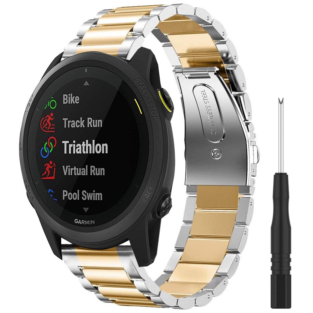 Compatible for Garmin Forerunner 745 Bands, YOUkei Stainless Steel Metal Replacemet Straps Compatible for Garmin Forerunner 745 Smartwatch (Silver-Gold)