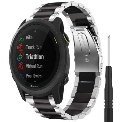 Compatible for Garmin Forerunner 745 Bands, YOUkei Stainless Steel Metal Replacemet Straps Compatible for Garmin Forerunner 745 Smartwatch (Silver-Black)